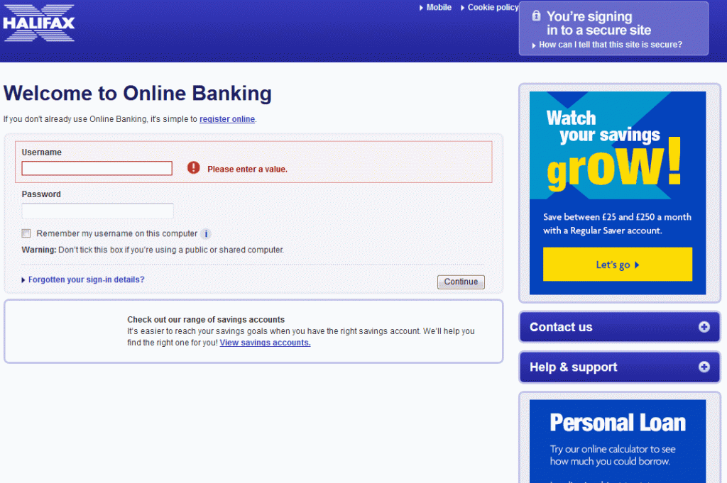 example scam page halifax online banking