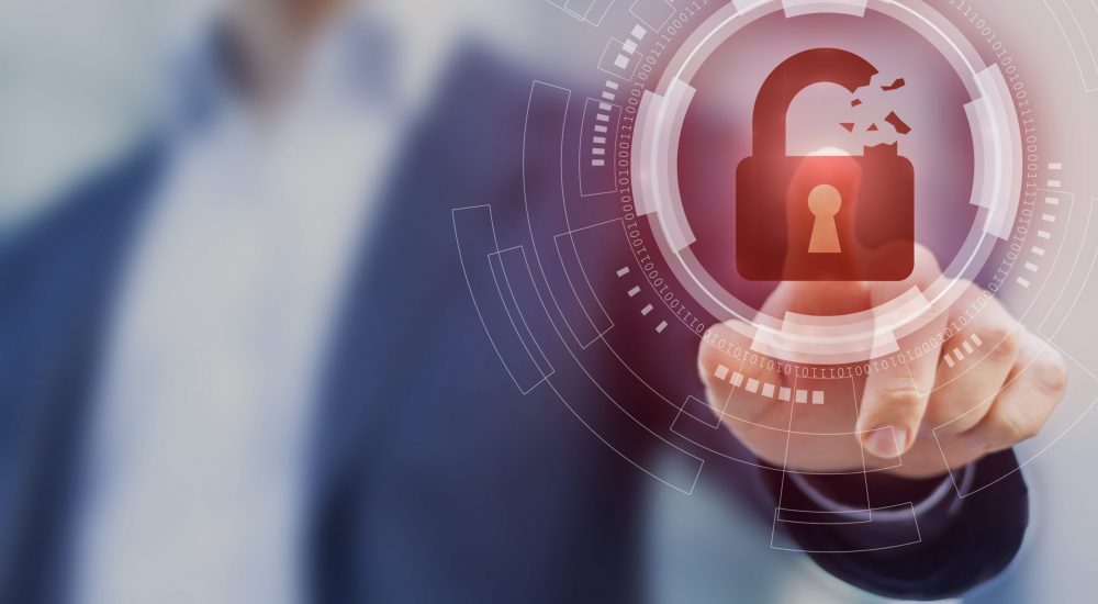 Security breach, system hacked, internet cyber attack alert with red broken padlock icon showing unsecured data, vulnerable access, compromised password, virus infection, businessman touching icon